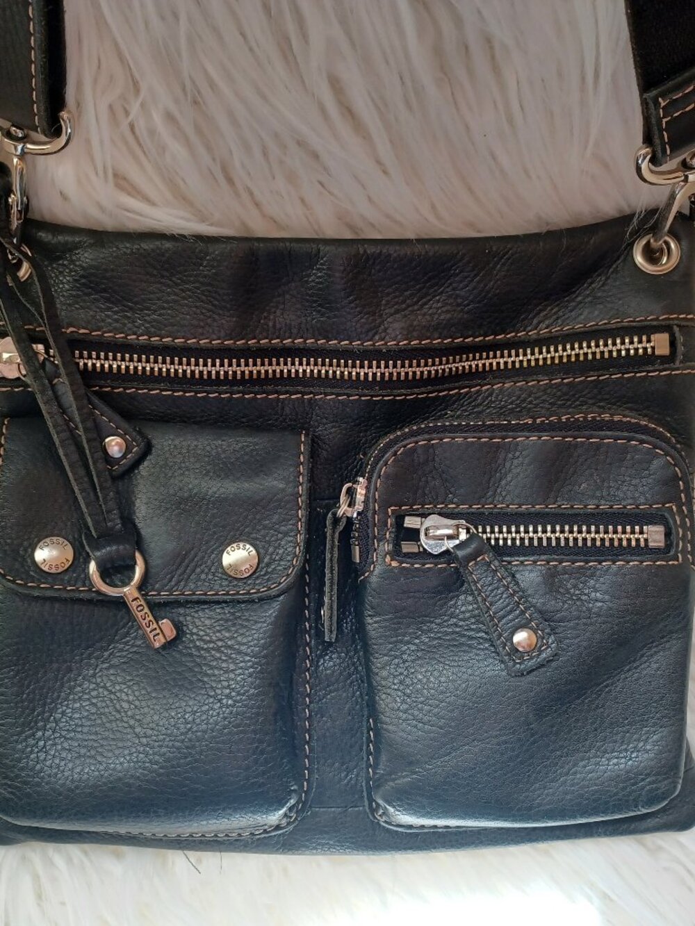 Fossil Sutter Black Crossbody Bag Purse WITH KEY Quality Leather Multi Pockets